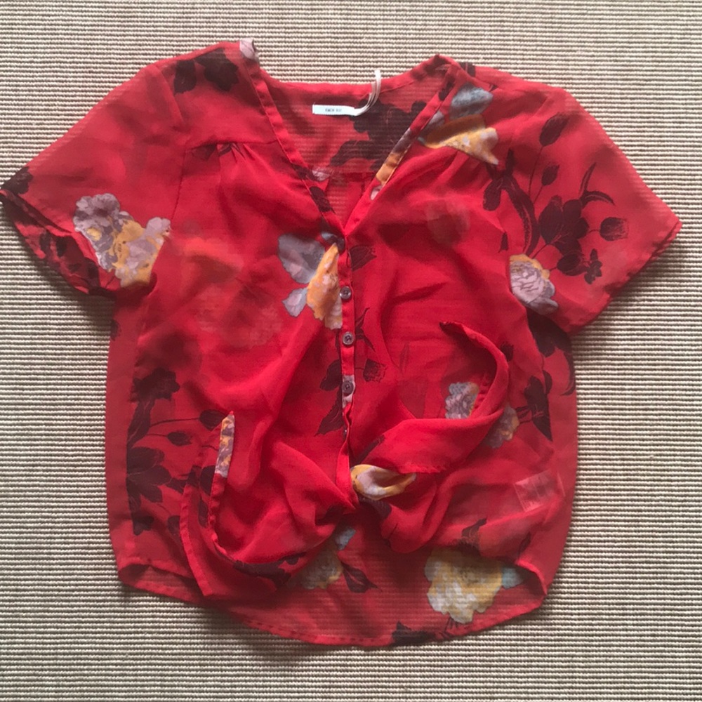 Sheer Floral Front Tie Blouse